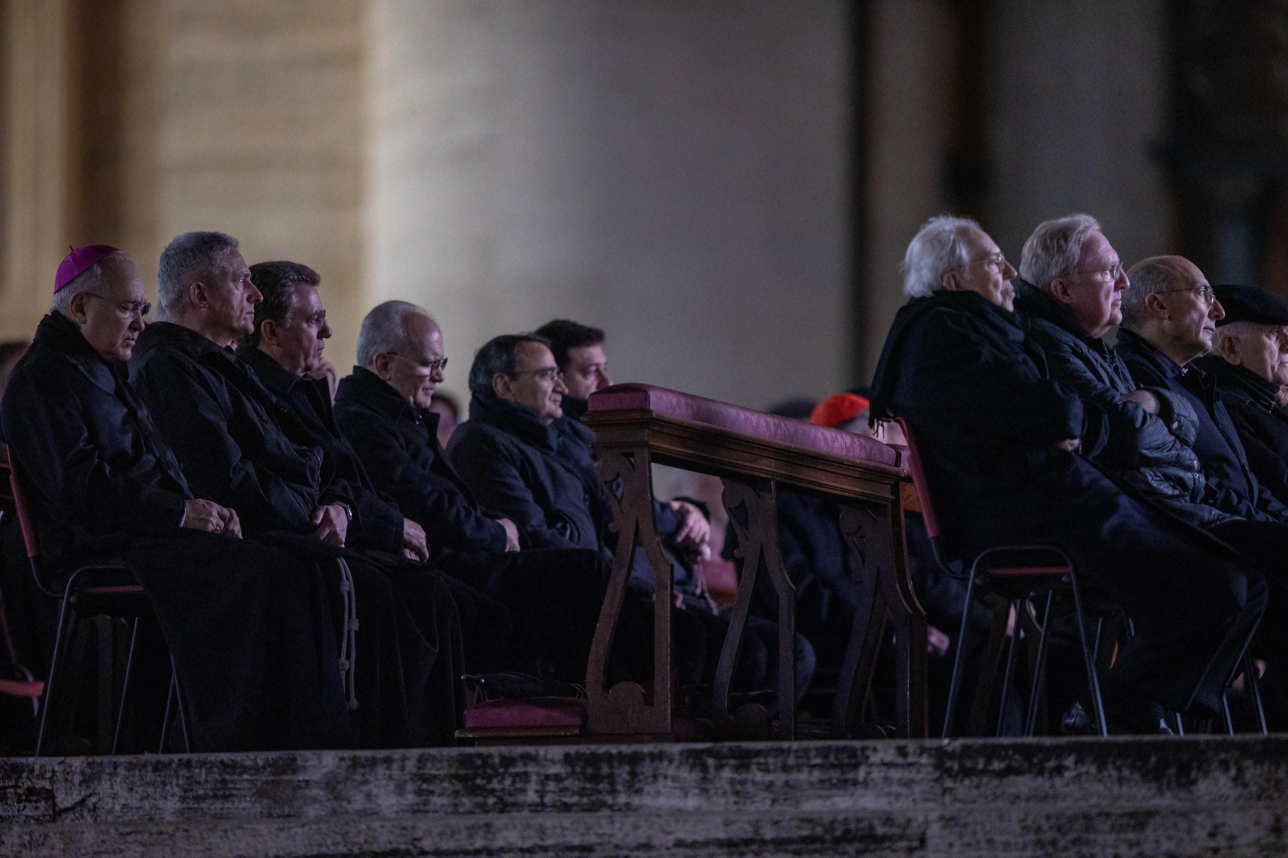 Cardinals gather to lead a rosary service for Pope Francis’ health and recovery on Feb. 24, 2025, in St. Peter’s Square at the Vatican. Credit: Daniel Ibañez/CNA