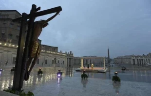 Pope Francis speaks in an empty St. Peter’s Square during a Holy Hour and extraordinary urbi et orbi blessing, March 27, 2020. Credit: Vatican Media