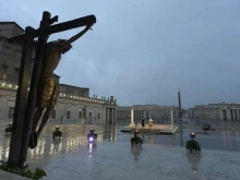 Pope Francis speaks in an empty St. Peter’s Square during a Holy Hour and extraordinary urbi et orbi blessing, March 27, 2020.