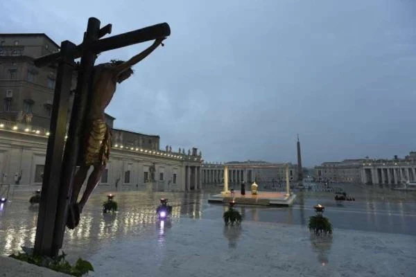 Pope Francis speaks in an empty St. Peter's Square during a Holy Hour and extraordinary urbi et orbi blessing, March 27, 2020. Credit: Vatican Media