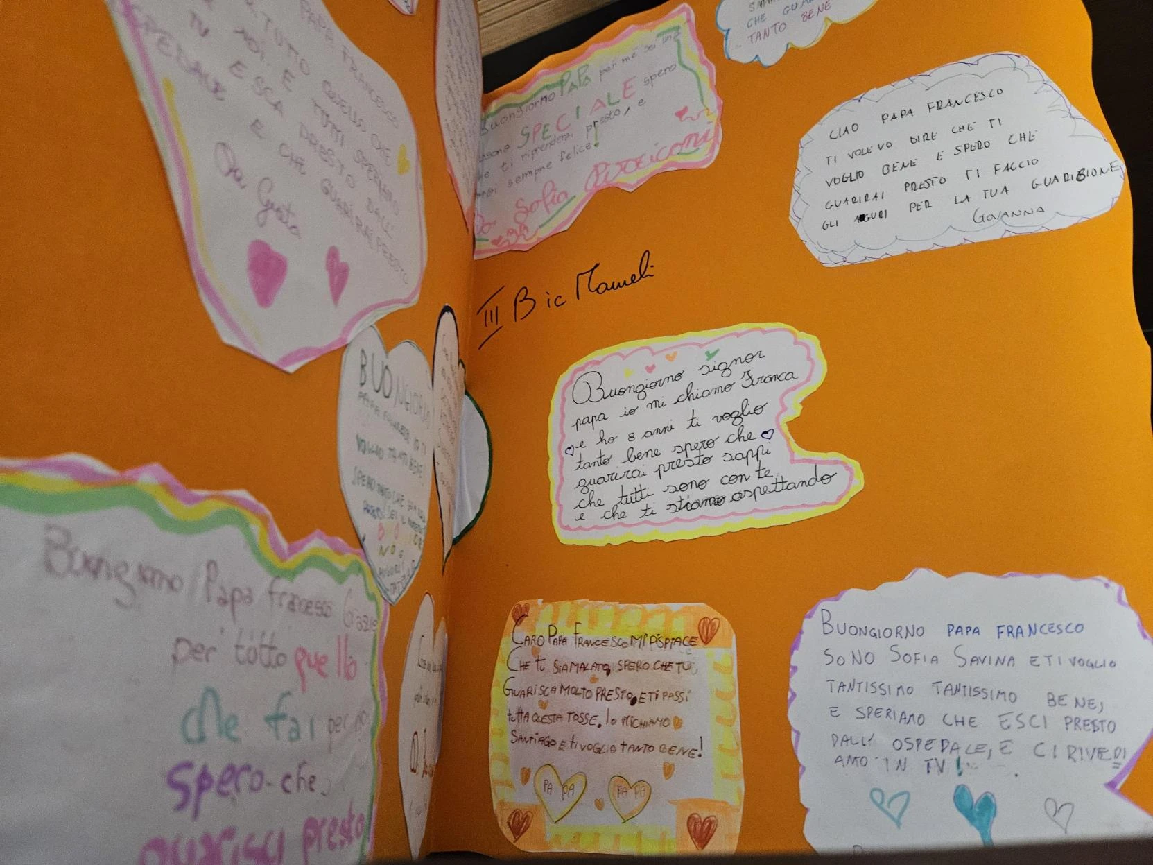 Get-well wishes from schoolchildren to Pope Francis are seen at the Vatican, Sunday, Feb. 23, 2025. Credit: ACI Stampa