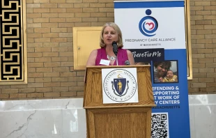 Teresa Larkin, co-chair of the Pregnancy Care Alliance and executive director of Your Options Medical, a pregnancy center in the state speaks in support of pro-life pregnancy centers in Massachusetts. Credit: Joe Bukuras/CNA