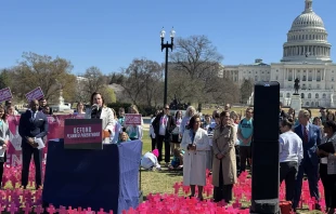 SBA Pro-Life America President Marjorie Dannenfelser speaks in front of the Capitol on March 27, 2025, in Washington, D.C. “This movement is completely unified in its first priority, and that is to defund big abortion in this reconciliation bill,” she said. Credit: Tessa Gervasini/CNA
