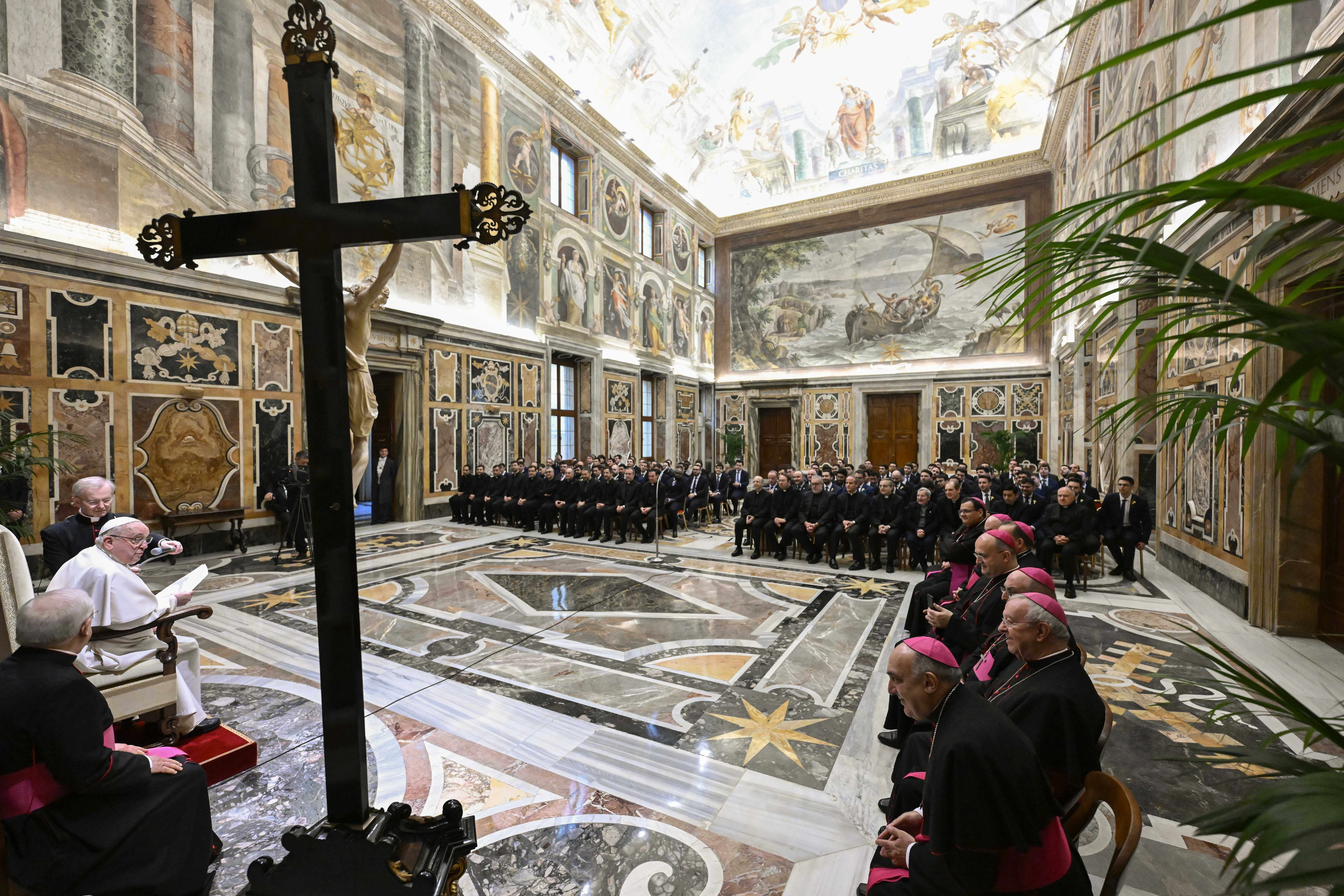 Pope Francis speaks with Spanish clergy and seminarians on Jan. 30, 2025, at the Vatican.?w=200&h=150