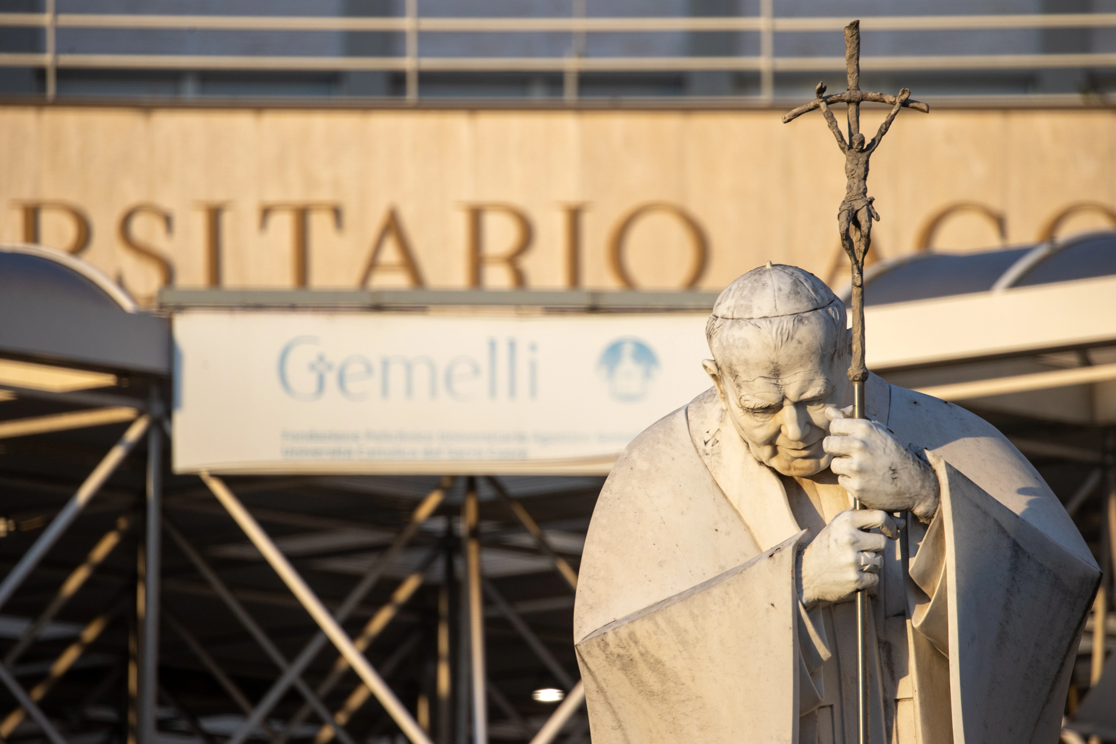 A statue of St. John Paul II is seen in front of the entrance to Rome's Gemelli hospital on Feb. 22, 2025, where Pope Francis continues to receive treatment for respiratory issues.?w=200&h=150