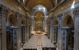 An aerial view shows over 4,000 deacons gathered in St. Peter’s Basilica for the special jubilee Mass, Feb. 23, 2025. Credit: Daniel Ibáñez/CNA