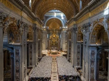 An aerial view shows over 4,000 deacons gathered in St. Peter’s Basilica for the special jubilee Mass, Feb. 23, 2025.