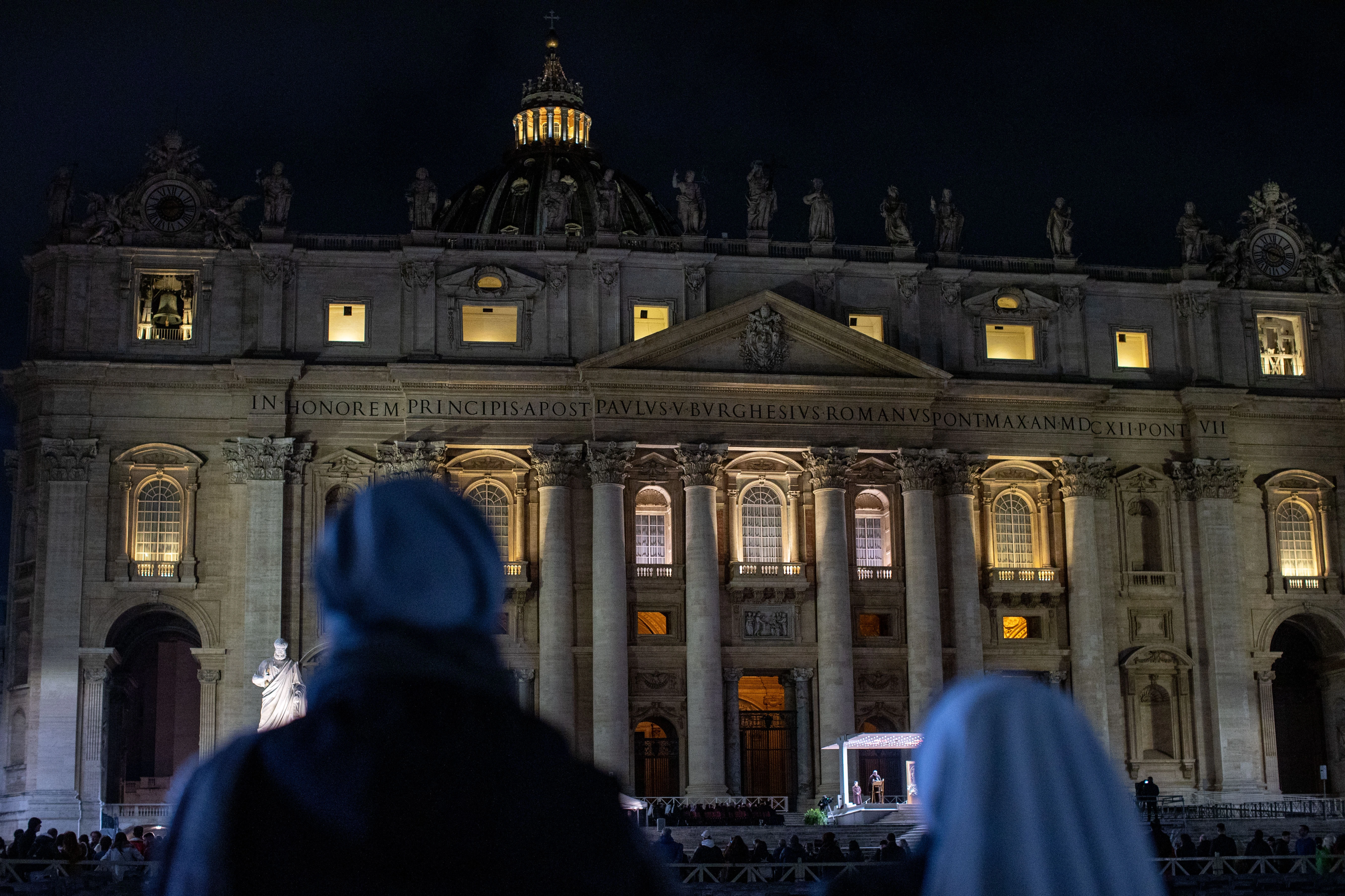 Religious sisters join the faithful for the evening rosary at St. Peter's Square, where Cardinal Víctor Manuel Fernández led prayers for Pope Francis on Feb. 28, 2025. | Credit: Daniel Ibáñez/CNA