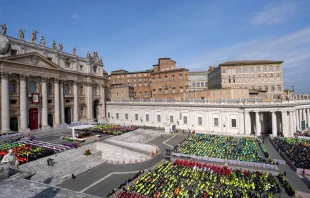 Thousands of volunteers in colorful safety vests fill St. Peter’s Square during the Jubilee of Volunteers at the Vatican on March 9, 2025. Credit: Daniel Ibáñez/CNA