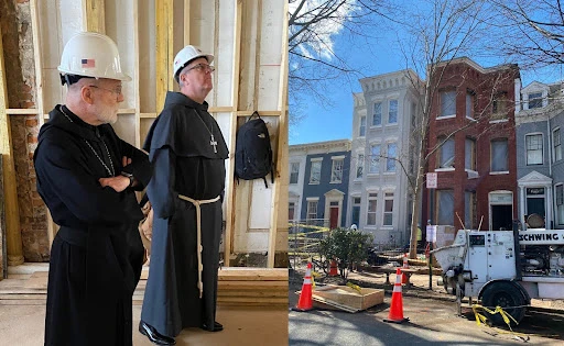 Left: Abbot Placid Solari, chancellor of Belmont Abbey College, and Bishop Michael Martin, bishop of the Diocese of Charlotte, North Carolina, tour the Belmont House and other facilities on Feb. 28, 2025. Right: The Belmont House and other properties in Washington, D.C., under construction and renovation on the morning of Feb. 28, 2025.?w=200&h=150