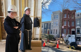 Left: Abbot Placid Solari, chancellor of Belmont Abbey College, and Bishop Michael Martin, bishop of the Diocese of Charlotte, North Carolina, tour the Belmont House and other facilities on Feb. 28, 2025. Right: The Belmont House and other properties in Washington, D.C., under construction and renovation on the morning of Feb. 28, 2025. Credit: Belmont Abbey College