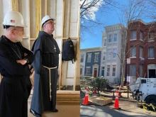 Left: Abbot Placid Solari, chancellor of Belmont Abbey College, and Bishop Michael Martin, bishop of the Diocese of Charlotte, North Carolina, tour the Belmont House and other facilities on Feb. 28, 2025. Right: The Belmont House and other properties in Washington, D.C., under construction and renovation on the morning of Feb. 28, 2025.