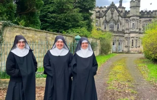 Three Benedictine Sisters of Mary, Queen of Apostles, are all smiles at Colwich Abbey in Staffordshire, England. Credit: Courtesy of the Benedictine Sisters of Mary, Queen of Apostles