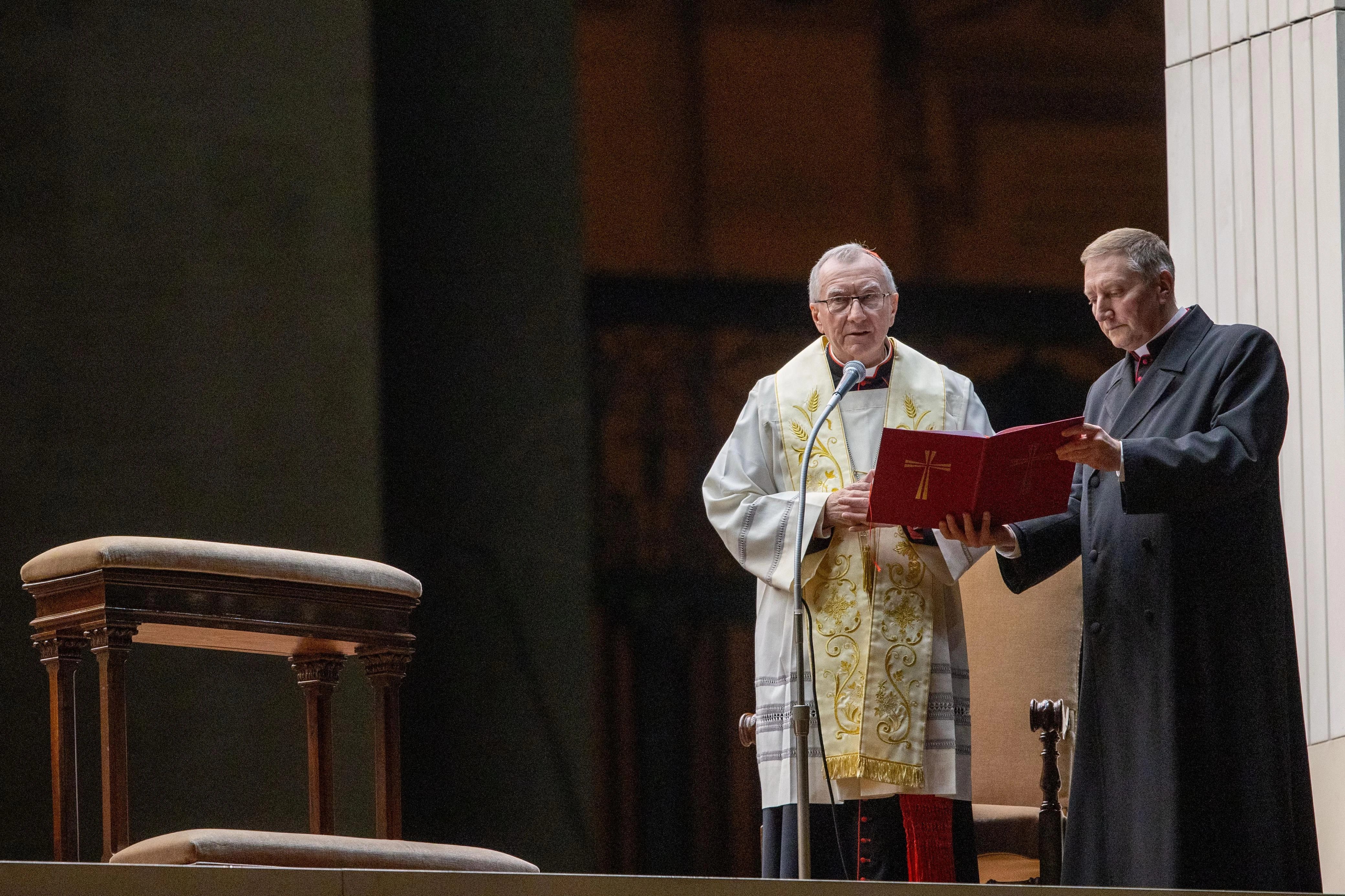 Cardinal Pietro Parolin leads a rosary prayer service for Pope Francis’ health and recovery on Feb. 24, 2025, in St. Peter’s Square at the Vatican. Credit: Daniel Ibañez/CNA