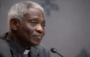 Cardinal Peter Turkson, chancellor of the Pontifical Academy of Sciences and the Pontifical Academy of Social Sciences, speaks at a press conference on “Risks and Opportunities of AI for Children: A Common Commitment for Safeguarding Children” on March 20, 2025, at the Vatican. Credit: Daniel Ibañez/CNA