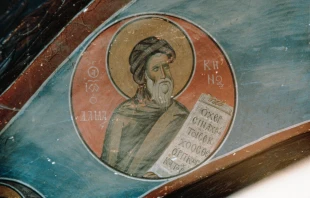 Church of Panagia tou Arakos, triumphal arch, wall paintings, Lagoudera, Cyprus — north side, St. John of Damascus. Credit: Winfield, David, CC0, via Wikimedia Commons