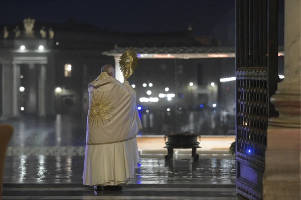 Pope Francis gives an extraordinary urbi et orbi blessing from the entrance of St. Peter’s Basilica on March 27, 2020. Credit: Vatican Media