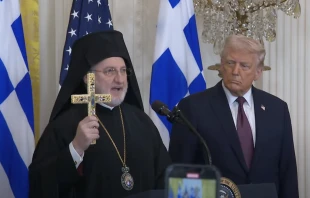 “Let this cross guide you as it once guided Constantine,” said Archbishop Elpidophoros of the Greek Orthodox Archdiocese of America upon presenting President Trump with a holy cross at the White House on March 24, 2025. Credit: Courtesy of the White House/Screenshot