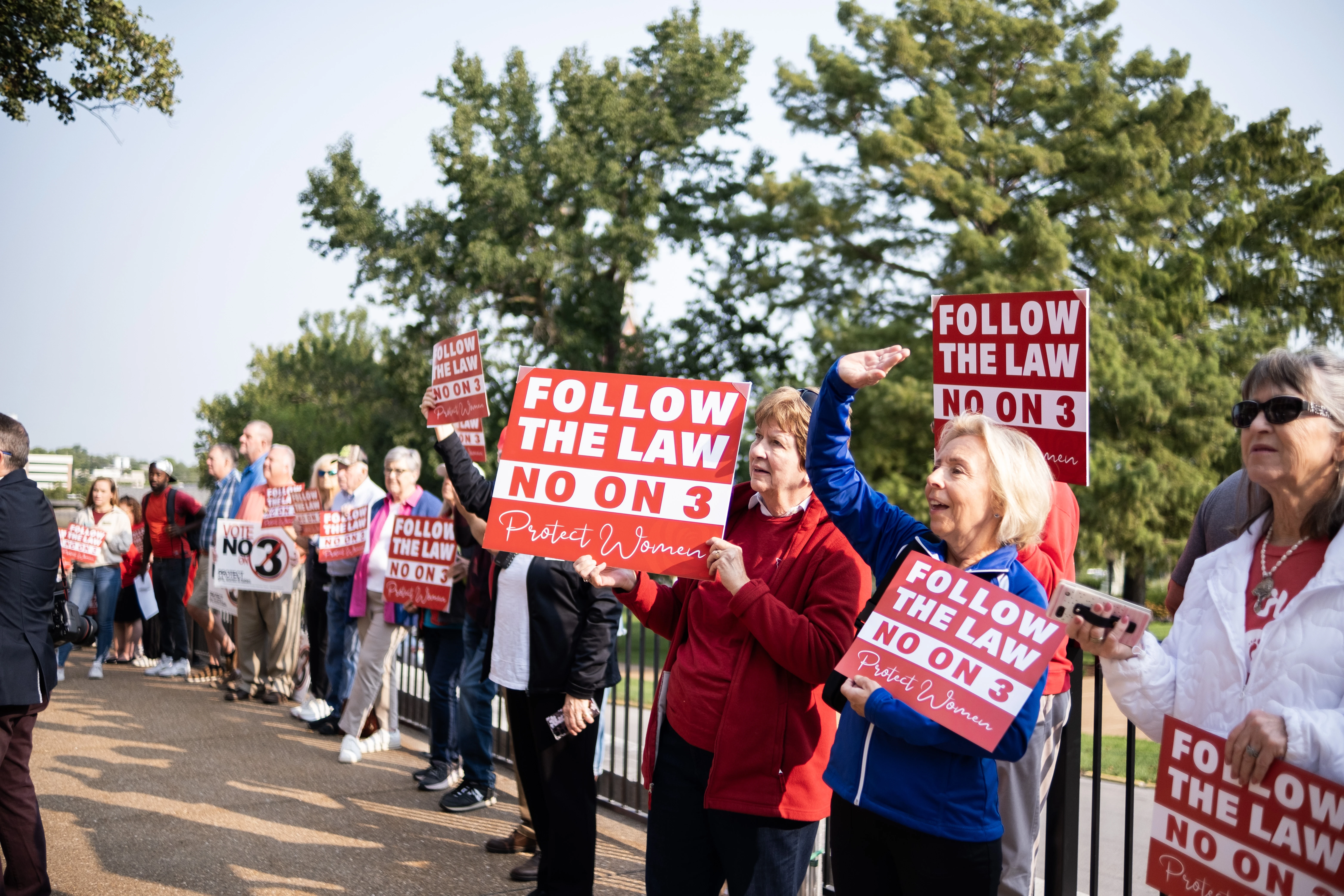 Pro-life protestors hold signs outside the Missouri Supreme Court on Sept. 10, 2024, advocating against Amendment 3, which would have dramatically expand abortion access in Missouri.?w=200&h=150