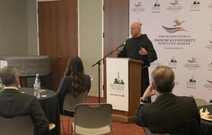 Father Dave Pivonka, TOR, president of Franciscan University of Steubenville, speaks at the opening of the Ward and Kathy Fitzgerald Franciscan University Homeland Mission (FUHM), which officially opened Feb. 28, 2025, in Washington D.C. Courtesy of Franciscan University of Steubenville