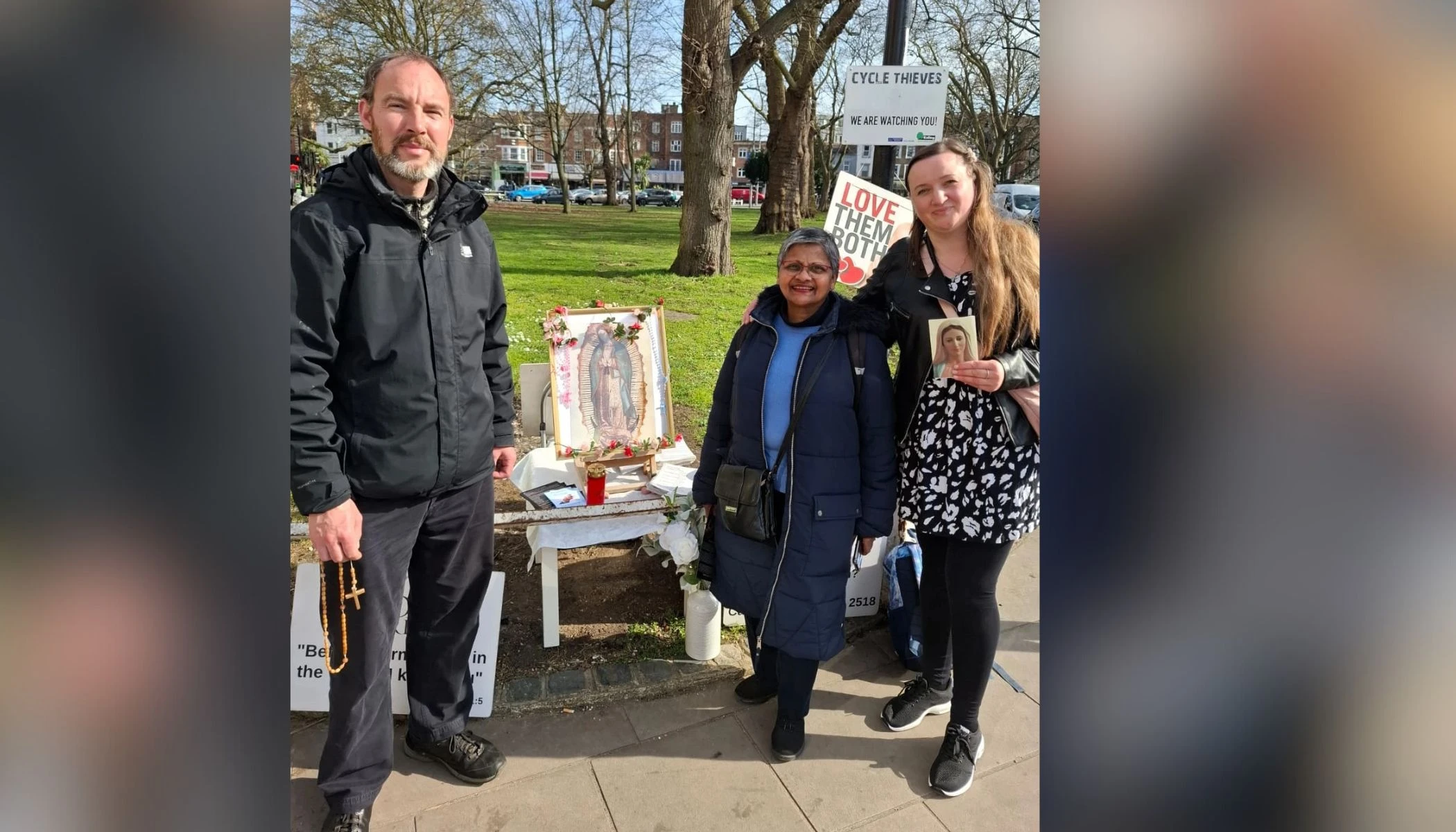 Volunteers pray at a vigil at an abortion clinic in Ealing, West London, the site of the first “buffer zone” in the U.K. They are restricted by law from being closer than 500 meters (about 1,600 feet) to the clinic, more than the 150 meters (500 feet) imposed by the nationwide law in October 2024.?w=200&h=150