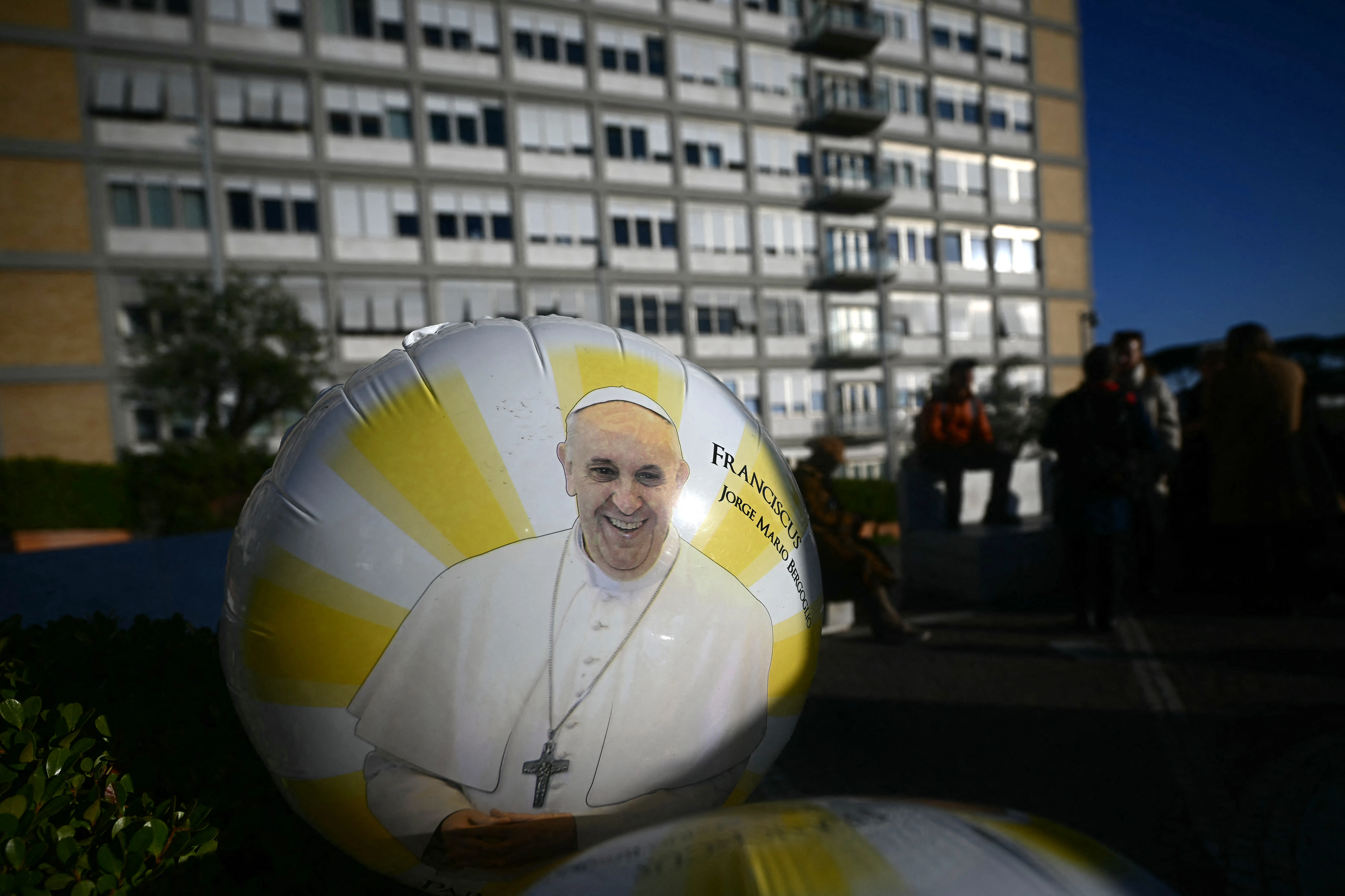 A balloon with an image of Pope Francis is pictured outside the Gemelli University Hospital in Rome, where Pope Francis is hospitalized with pneumonia, on March 3, 2025.?w=200&h=150