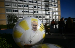 A balloon with an image of Pope Francis is pictured outside the Gemelli University Hospital in Rome, where Pope Francis is hospitalized with pneumonia, on March 3, 2025. Credit: FILIPPO MONTEFORTE/AFP via Getty Images