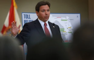 Florida Gov. Ron DeSantis speaks about a toll highway relief program during a press conference held at the Greater Miami Expressway Agency on April 1, 2024, in Miami. Credit: Joe Raedle/Getty Images