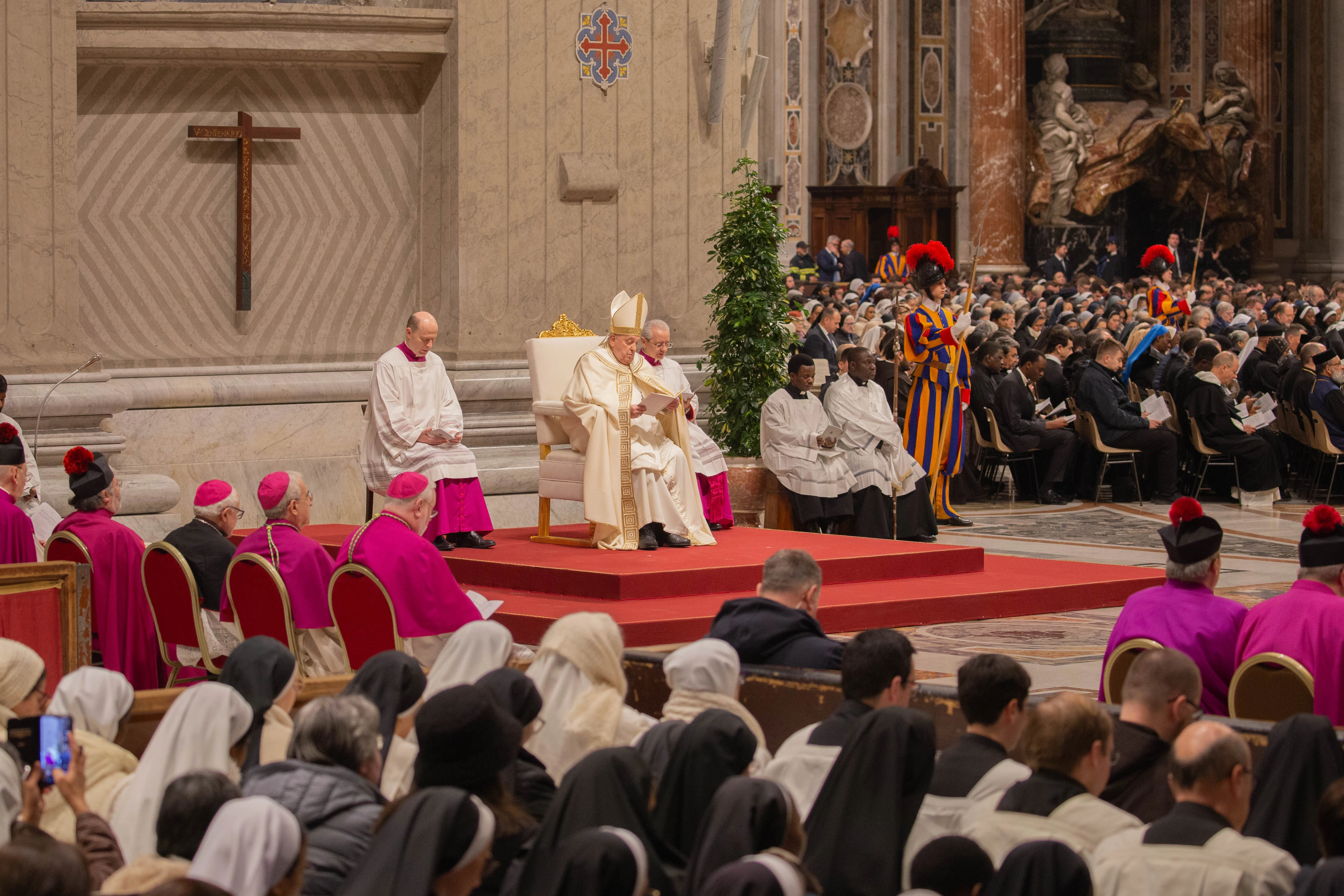 Pope Francis presides over First Vespers for the World Day for Consecrated Life in St. Peter's Basilica, surrounded by bishops, priests, and religious men and women on Feb. 1, 2025, at the Vatican.?w=200&h=150