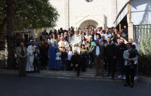 Group photo in front of the Church of the Sacred Family in Gaza during the visit of the Latin Patriarch of Jerusalem, Cardinal Pierbattista Pizzaballa, on Dec. 22, 2024. Credit: Photo courtesy of Latin Patriarchate of Jerusalem