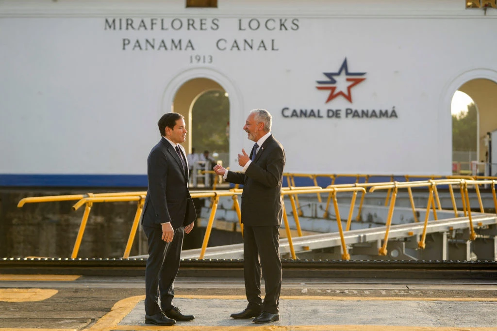 U.S. Secretary of State Marco Rubio (left) talks to Panama Canal Authority Administrator Ricaurte Vasquez during a tour at the Miraflores locks of the Panama Canal in Panama City on Feb. 2, 2025.?w=200&h=150