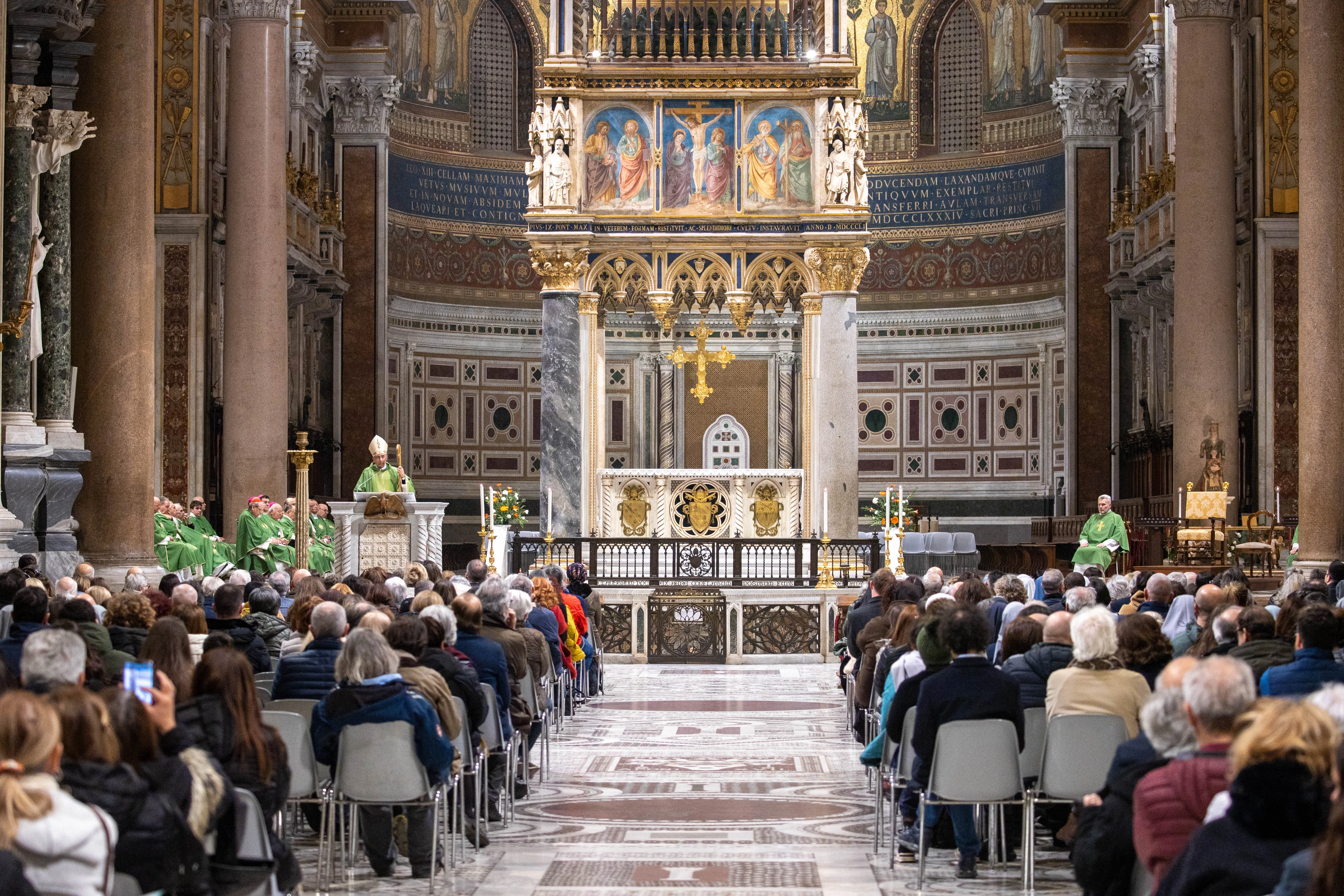 Cardinal Baldassare Reina, the cardinal vicar of the Diocese of Rome, celebrates a Mass for Pope Francis on Feb. 23, 2025, at the Basilica of St. John Lateran in Rome. Credit: Daniel Ibañez/CNA