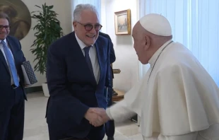 Pope Francis greets Chems-eddine Hafiz, rector of the Grand Mosque of Paris, on Feb. 10, 2025. Credit: Courtesy of the Grand Mosque of Paris