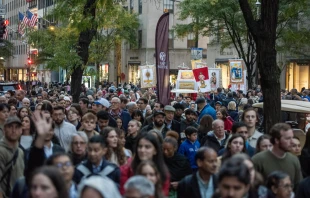 Thousands particpate in a Eucharistic procession sponsored by the Napa Institute through the streets of Manhattan in New York City on Oct. 15, 2024. Credit: Jeffrey Bruno