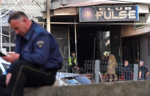 Firefighters and police officers inspect the nightclub where a fire broke out overnight in Kocani, a town some 62 miles east of the capital Skopje, on March 16, 2025. A fire tore through an overcrowded nightclub packed with mostly young people in North Macedonia overnight, killing 59 people, apparently after on-stage fireworks at a hip-hop concert set the venue ablaze, authorities said. Credit: ROBERT ATANASOVSKI/AFP via Getty Images