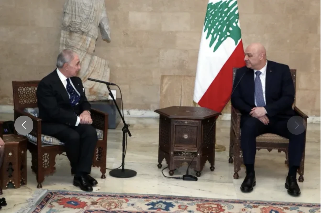 Lebanese President Joseph Aoun (right) welcomies Sovereign Order of Malta Grand Chancellor Riccardo Paternò di Montecupo and the delegation at Baabda's presidential palace on March 14, 2025.?w=200&h=150