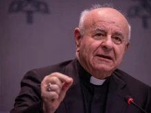 Archbishop Vincenzo Paglia speaks at a press conference for a Vatican summit on longevity on March 24, 2025, at the Vatican.