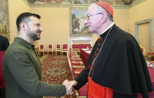 Ukraine President Volodymyr Zelenskyy shakes hands with Vatican Secretary of State Cardinal Pietro Parolin during a meeting at the Vatican on Friday, Oct. 11, 2024. Credit: Vatican Media