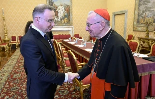 Vatican Secretary of State Cardinal Pietro Parolin (right) meets with Polish President Andrzej Duda on March 28, 2025, at the Vatican.  Credit: Vatican Media