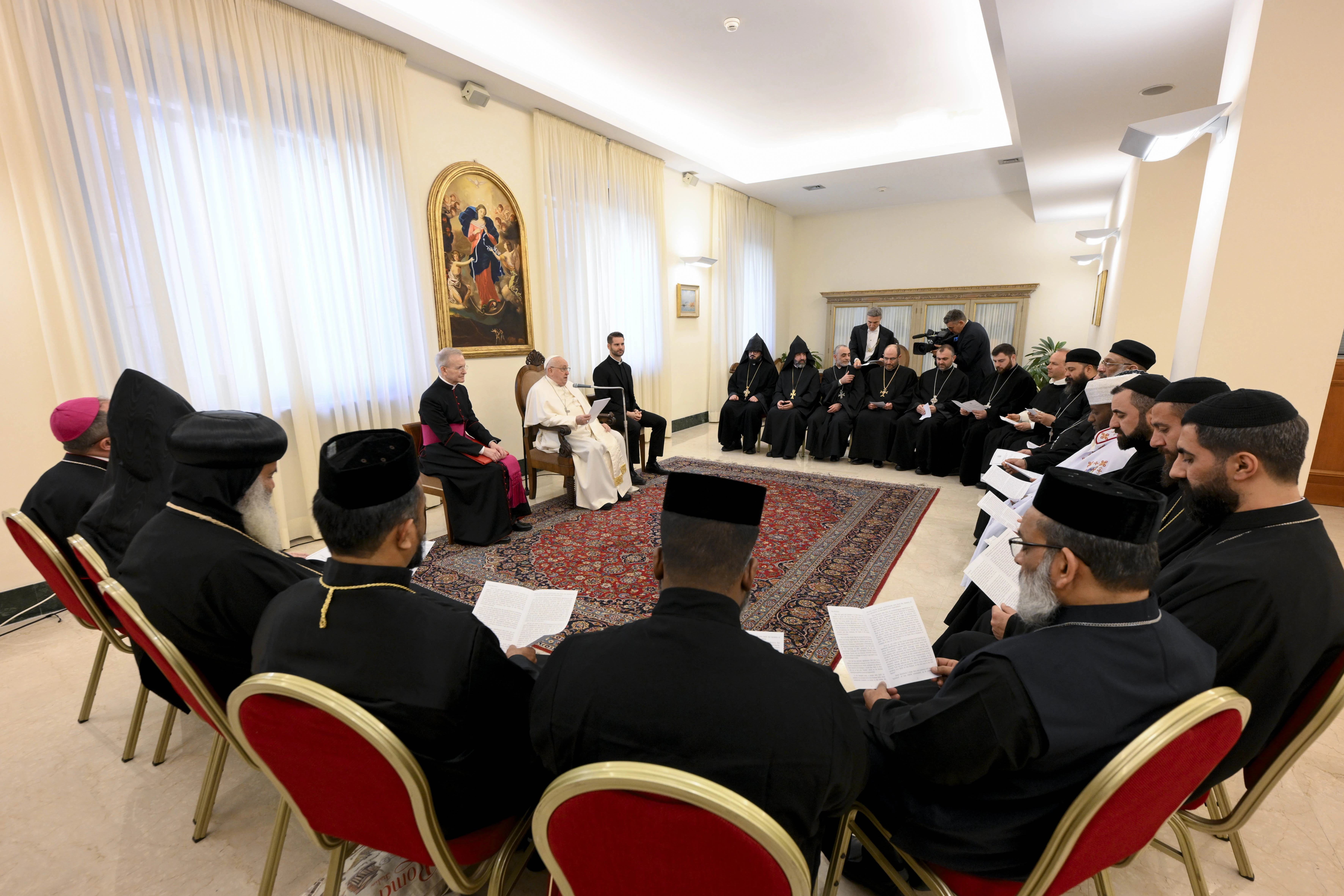 Pope Francis meets with Eastern Orthodox priests and monks on Feb. 6, 2025, at his Santa Marta home in the Vatican instead of in the Apostolic Palace as planned.?w=200&h=150