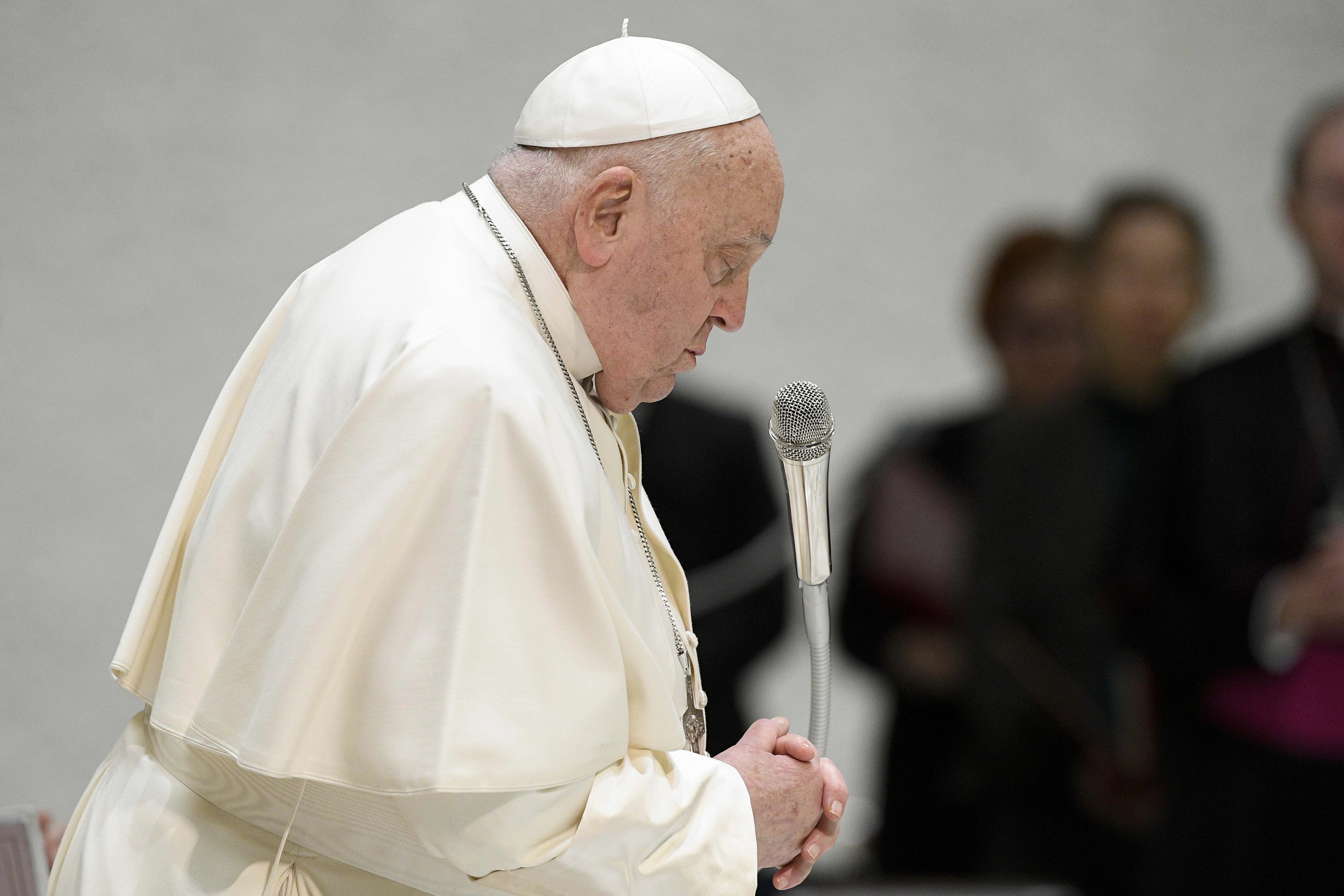 Pope Francis prays during his Wednesday general audience on Feb. 5, 2025, in the Paul VI Audience Hall at the Vatican. | Credit: Vatican Media