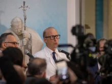 Dr. Sergio Alfieri answers questions from the media at a press conference regarding Pope Francis’ health on Friday, Feb. 21, 2025, at Gemelli Hospital in Rome.