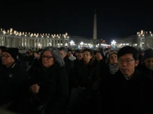 Hundreds of people gather to pray the rosary for Pope Francis’ health on Thursday, March 6, 2025, in St. Peter’s Square at the Vatican.