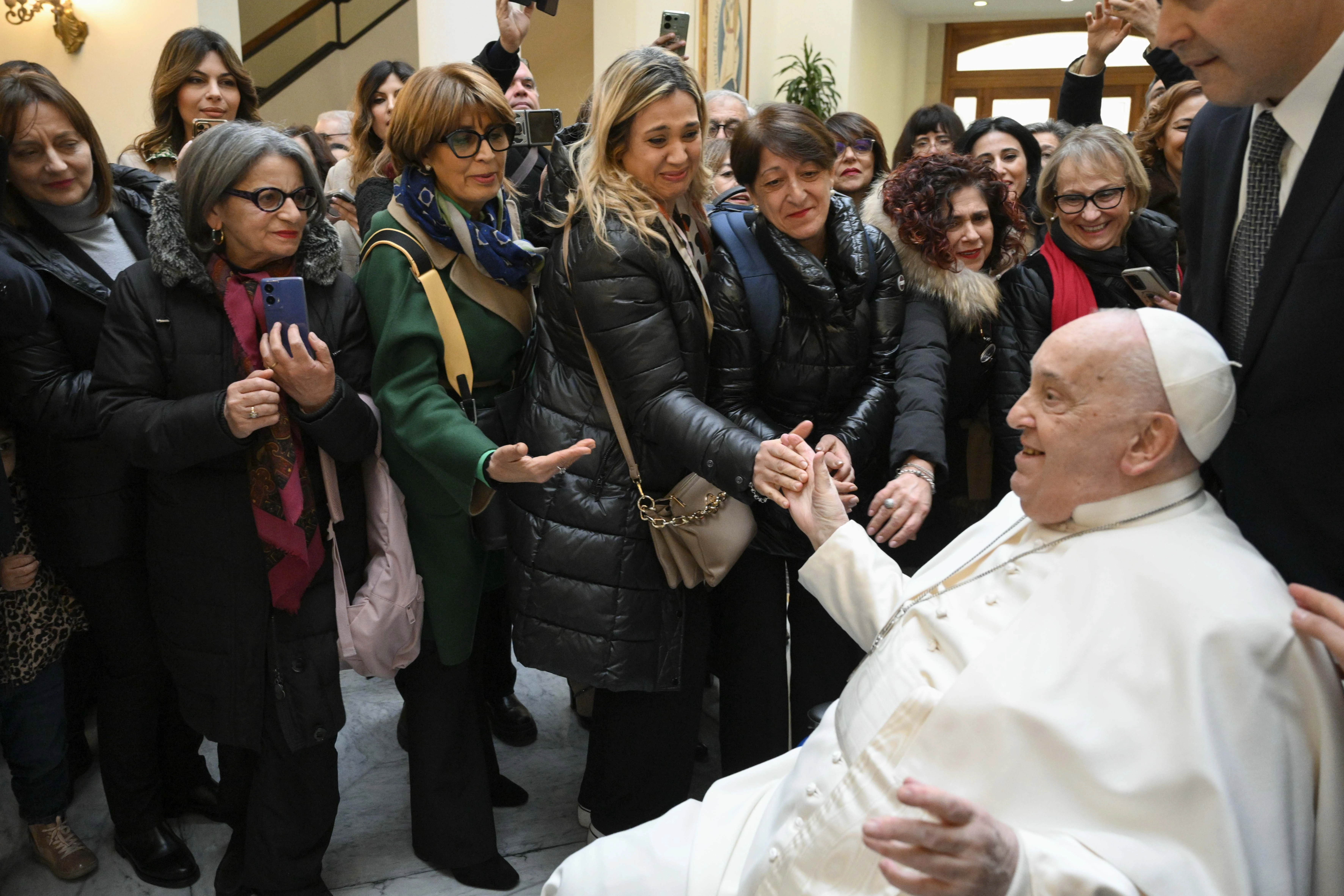 Pope Francis greets members of the Interprovincial Order of the Profession of Midwifery of Catanzaro on Feb. 6, 2025, at his Casa Santa Marta residence at the Vatican.?w=200&h=150