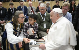 Pope Francis meets with members of a pilgrimage sponsored by the Scandinavian Bishops’ Conference on Feb. 3, 2025, in the Paul VI Audience Hall at the Vatican. Credit: Vatican Media