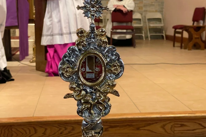 The relic of Bl. Carlo Acutis, a fragment of his pericardium, that is visiting the U.S., at Holy Family parish in Queens, April 6, 2022.