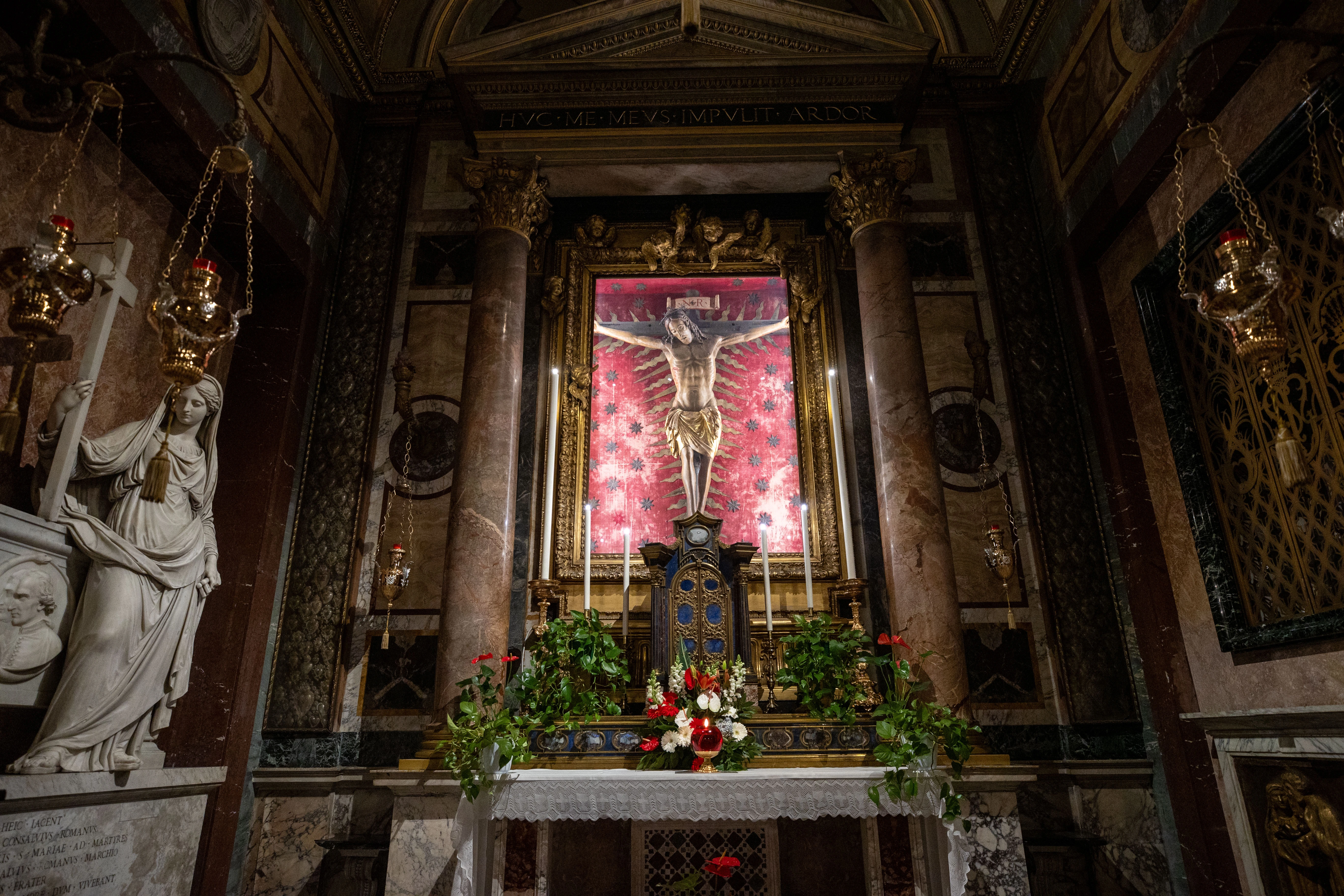 The crucifix used during the urbi et orbi blessing on March 27, 2020, in St. Peter’s Square by Pope Francis during the COVID-19 pandemic is housed at the Church San Marcello al Corsco in Rome. Credit: Daniel Ibañez/CNA