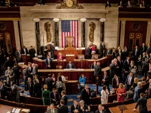 Members and guests on the floor of the House during a joint session of Congress.