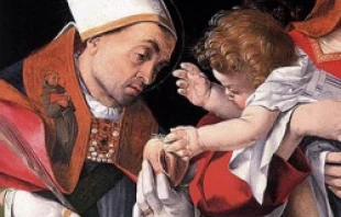 St. Ignatius of Antioch with the child Jesus. Credit: Lorenzo Lotto, Public domain, via Wikimedia Commons