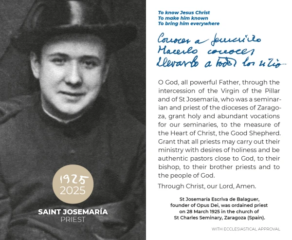 To celebrate the centennial of the priestly ordination of St. Josemaría Escrivá, a commemorative holy card has been designed, available in 13 languages, with a photo of the saint during his years as a seminarian, requesting his intercession so that “holy and abundant vocations” may come to the seminaries. Credit: Opus Dei